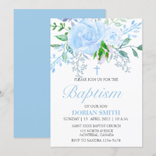 Blue Floral Boy Baptism-uitnodiging Kaart