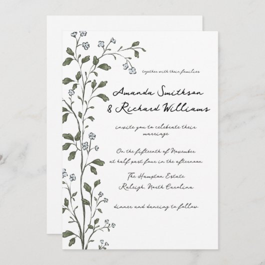 Blue Floral Branch bruiloft uitnodiging (Voorkant / Achterkant)