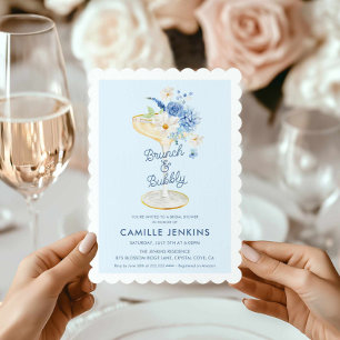 Blue Floral Brunch en Bubbly Bruids Uitnodiging