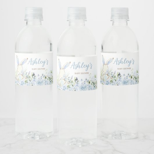 Blue Floral Bunny Rabbit Baby shower Waterfles Etiket (Flessen)