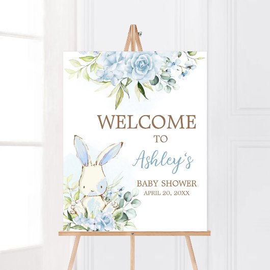 Blue Floral Bunny Rabbit Baby shower Welkom Poster