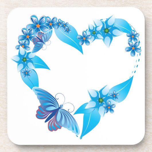 Blue Floral Butterfly Heart Onderzetter (Voorkant)