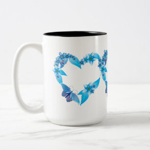 Blue Floral Butterfly Heart Tweekleurige Koffiemok