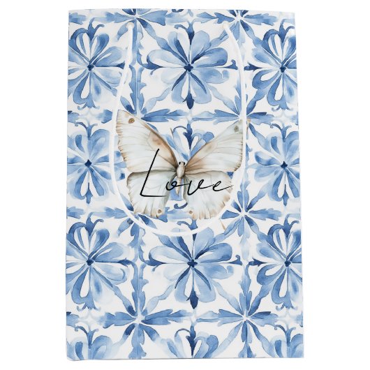 Blue Floral Butterfly Love Medium Cadeauzakje (Voorkant)