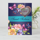 Blue Floral Butterfly Sweet16 Verjaardag Uitnodige Kaart (Staand voorkant)