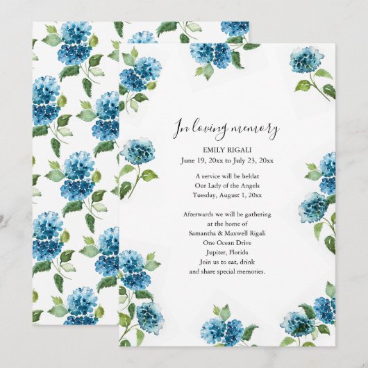 Blue Floral Celebration of Life Invitations (Devant / Derrière)