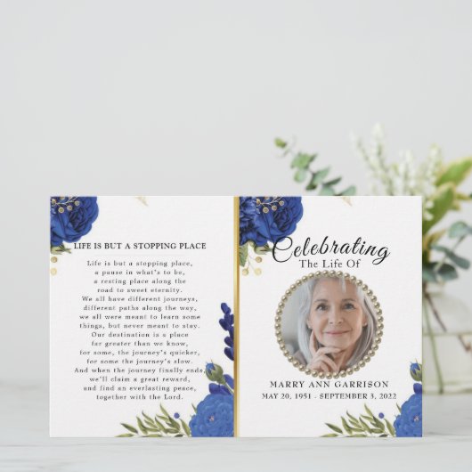 Blue Floral Celebration of Life Programme (Staand voorkant)