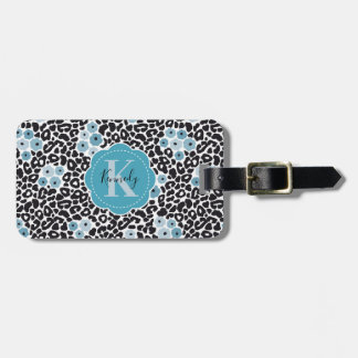 Blue Floral Cheetah Print met aangepaste monogram  Bagagelabel