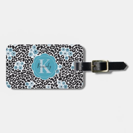 Blue Floral Cheetah Print met aangepaste monogram Bagagelabel (Voorkant horizontaal)