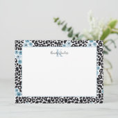 Blue Floral Cheetah Print met aangepaste monogram Bedankkaart (Staand voorkant)