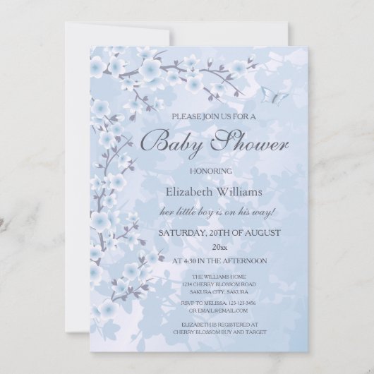 Blue Floral Cherry Blossom Baby shower Kaart (Voorkant)