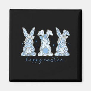 Blue Floral Chinoiserie Happy Easter Three Bunny C Magneet