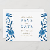 Blue floral Chinoiserie Wedding save the date (Voorkant / Achterkant)