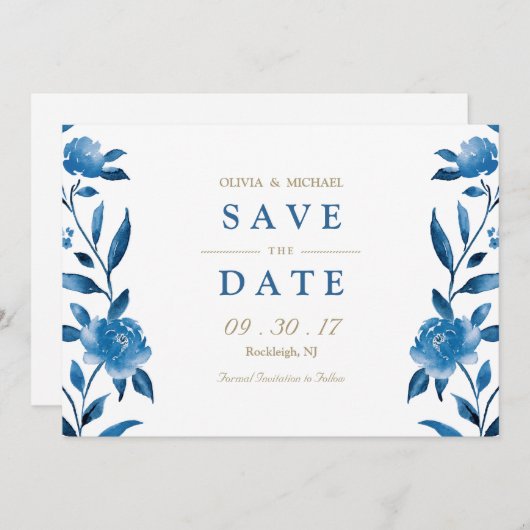 Blue floral Chinoiserie Wedding save the date (Voorkant / Achterkant)