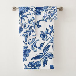 Blue Floral Chinoiserie White Watercolor Bad Handdoek