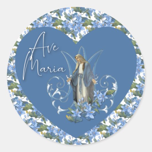 Blue Floral Christelijke Maagd Mary Ave Maria Ronde Sticker (Voorkant)