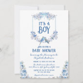 Blue Floral Crest Bow-Baby shower Kaart (Voorkant)