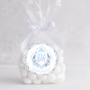 Blue Floral Crest Bow Het is een Boy Baby shower Ronde Sticker