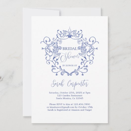 Blue Floral Crest Bridal Shower Kaart (Voorkant)