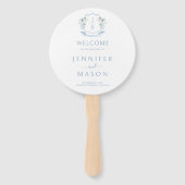 Blue Floral Crest Monogram Huwelijksprogramma Handwaaier (Voorkant)
