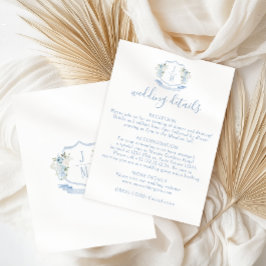 Blue Floral Crest Monogram Wedding Details Kaart