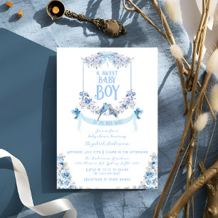 Blue Floral Crest Sweet Baby Boy Baby shower Kaart
