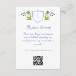 Blue Floral Crest Wedding Details QR Code Informatiekaartje