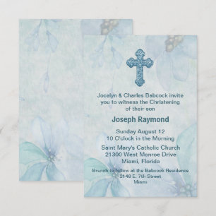 Blue Floral Cross Baby Uitnodiging