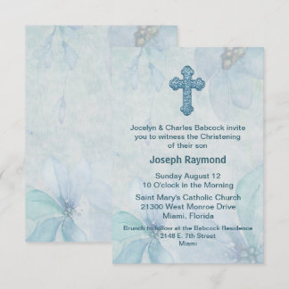 Blue Floral Cross Baby Uitnodiging