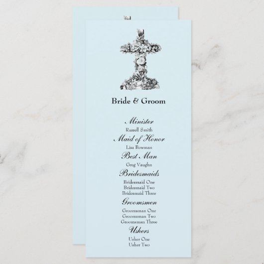 Blue Floral Cross Christian Wedding Programme (Devant / Derrière)