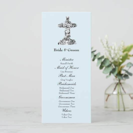 Blue Floral Cross Christian Wedding Programme (Debout devant)