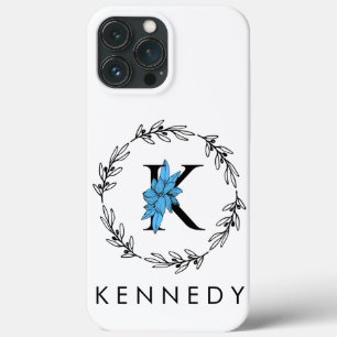 Blue Floral Custom Monogram - Letter K iPhone 13 Pro Max Hoesje