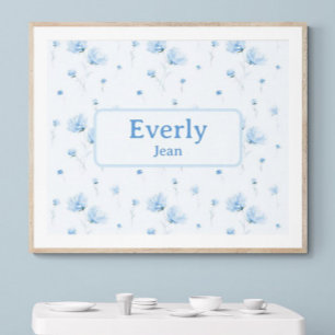 Blue Floral Custom Naam Decor Baby Nursery Poster