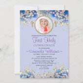 Blue Floral Daisy Photo First Communion Invitation (Devant)