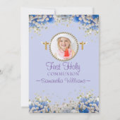 Blue Floral Daisy Photo First Communion Invitation (Dos)