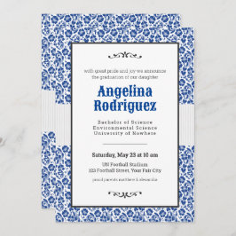 Blue Floral Damask Photo Afstuderen Kaart