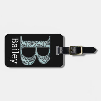 Blue Floral Damask Print B monogram initiaal Bagagelabel