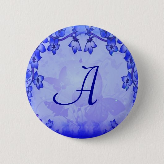 Blue Floral Deco Monogram Button (Voorkant)
