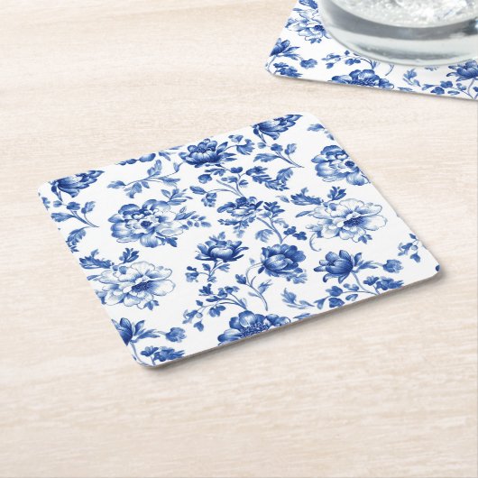 Blue Floral delftware stijl botanisch Vierkante Kartonnen Onderzetter (Schuin)