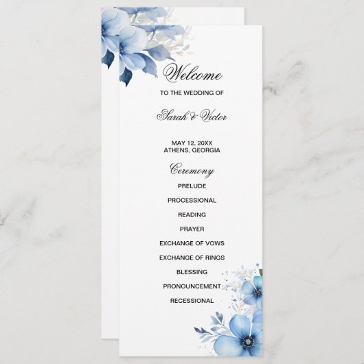 Blue Floral double side program card  Programma (Voorkant / Achterkant)