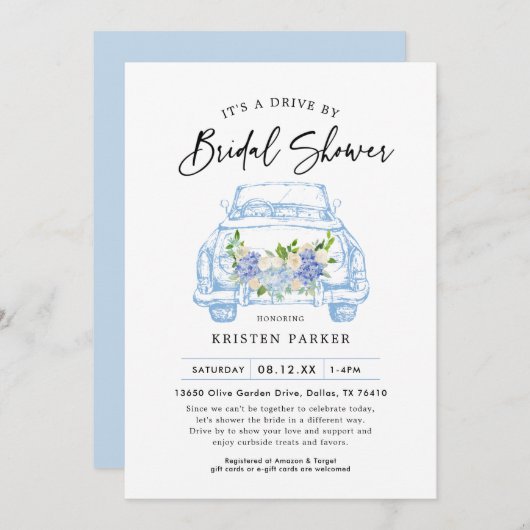 Blue Floral Drive By Bridal Shower Invitation (Devant / Derrière)