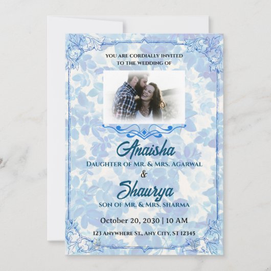 Blue Floral Elegance Faire-part de mariage (Devant)