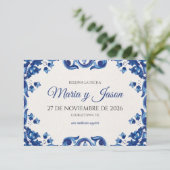 Blue Floral Elegant Fiesta Spanish Wedding Save The Date (Staand voorkant)