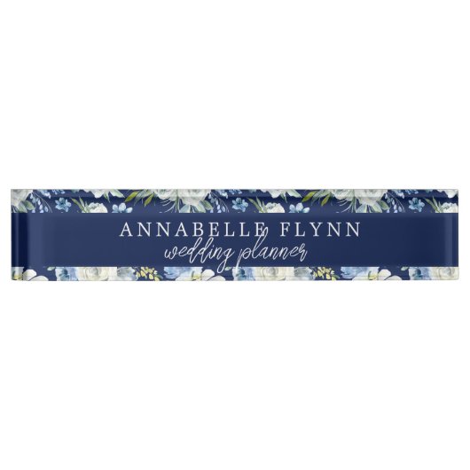 Blue Floral Elegant Personalized Wedding Planner Naambordje (Voorkant)
