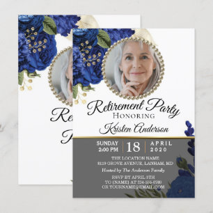 Blue Floral Elegant Photo Retirement Party Kaart