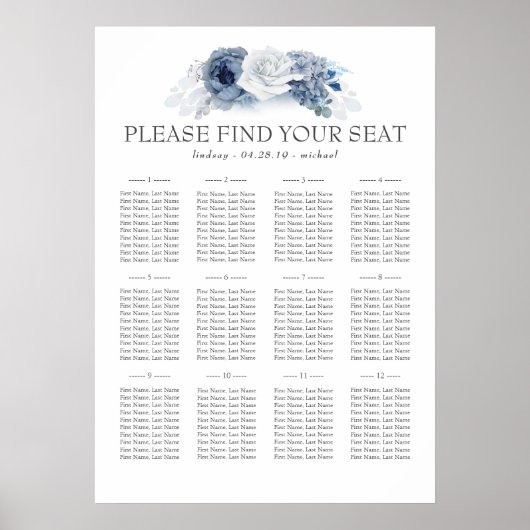 Blue Floral Elegant Wedding Seating Chart Poster (Voorkant)
