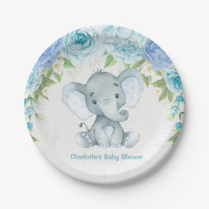 Blue Floral Elephant Baby Boy Shower Party Bord