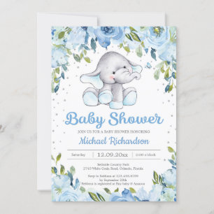Blue Floral Elephant baby shower Invitation Kaart