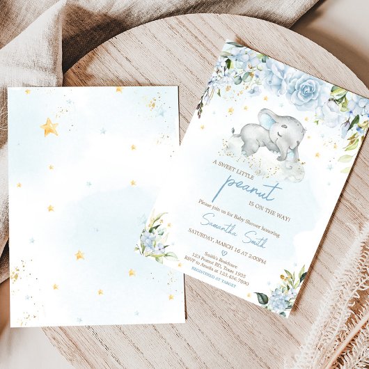 Blue Floral Elephant Baby shower Kaart