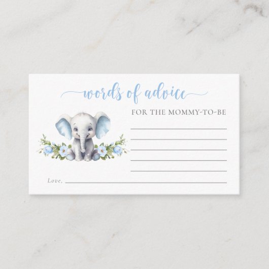Blue Floral Elephant Baby shower Woorden van advie Informatiekaartje (Voorkant)